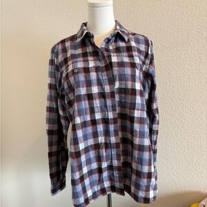 REI Co Op Blue Plaid Flannel LS Shirt Womens Large Cotton Outdoor Nature Hiking